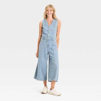 Women's Cropped Sleeveless Denim Jumpsuit 10