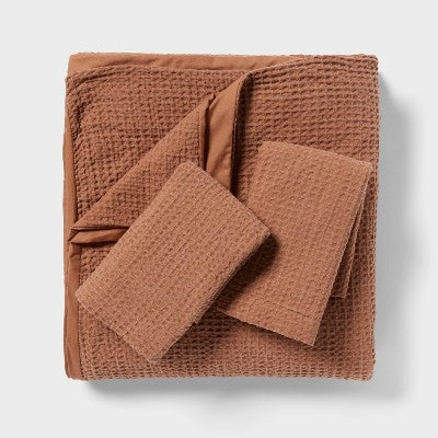 Twin/Twin Extra Long Washed Waffle Weave Duvet Cover and Sham Set Camel - Threshold: Cotton, OEKO-TEX Certified, Button Closure
