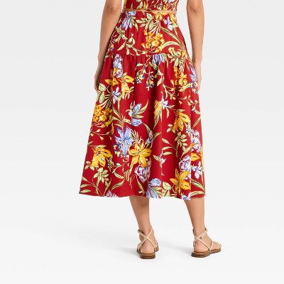 Women's Resort Poplin Drop Waist Midi Skirt - Dark Red Floral L