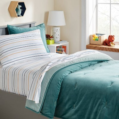 Queen Microfiber Kids' Sheet Set Blue Striped - Pillowfort: Recycled Polyester, OEKO-TEX Certified, 4-Piece Bedding