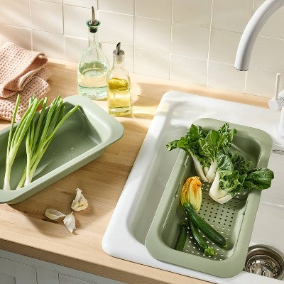 Plastic Narrow Over the Sink Expandable Colander with Soaking Tray Green - Figmint
