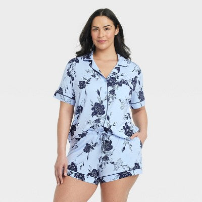 Women's Cloud Knit Collar Shirt and Shorts Pajama - Auden Blue/Roses XL