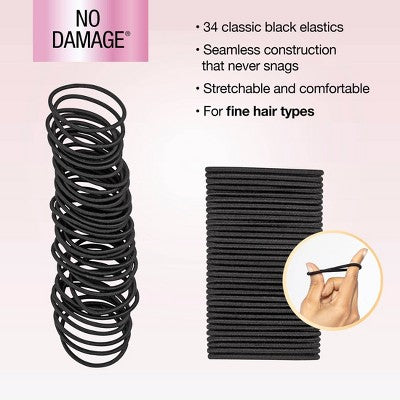 scunci No Damage Elastic Hair Ties - Black - Fine Hair - 34pcs