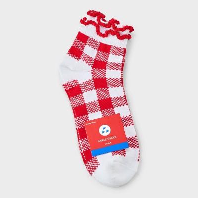 Women's Gingham Ruffle Ankle Socks - White/Red 4-10