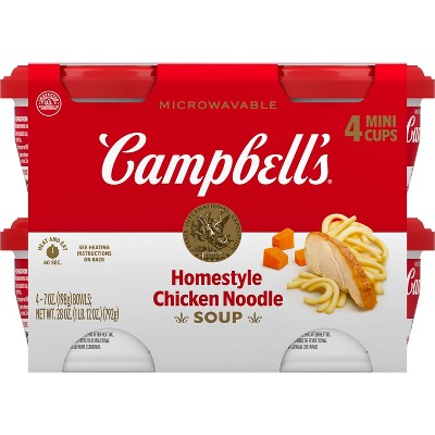 Campbell's Homestyle Chicken Noodle Soup Microwavable Mini Cups - 28oz/4pk: No Added Sugar, No High Fructose Corn Syrup
