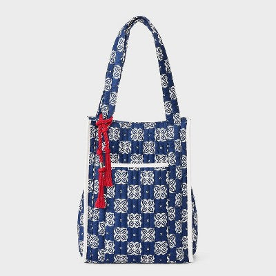 Floral Print Quilted Tote Bag with Tassel - Universal Thread Navy Blue