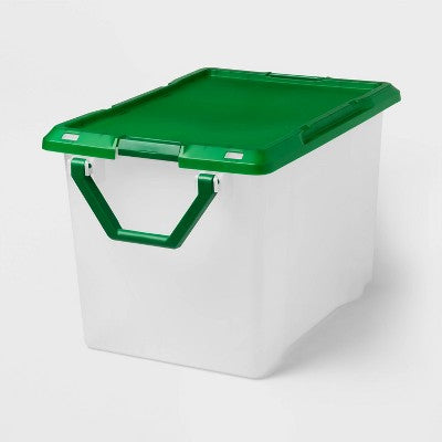 32gal Latching Rolling Christmas Storage Tote with Green Lid Base Gray Handle Latches - Brightroom (LOCAL PICKUP ONLY)