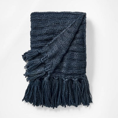 Raised Striped Chunky Knit Throw Blanket Navy - Threshold designed with Studio McGee: Midweight Polyester, 50x60", Tassels