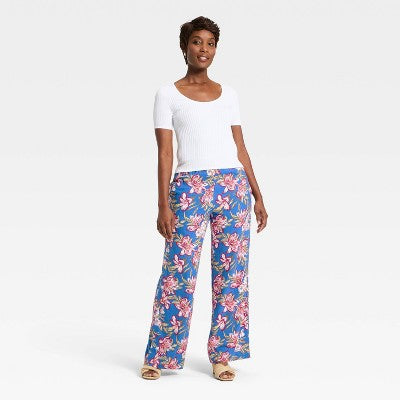 Women's Linen Wide Leg Pants A New Day Blue Floral XS Short