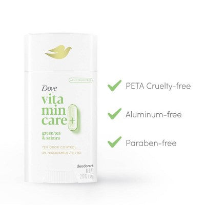 Dove Beauty VitaminCare+ Aluminum-Free Deodorant Stick with Niacinamide - Green Tea and Sakura - 2.6oz
