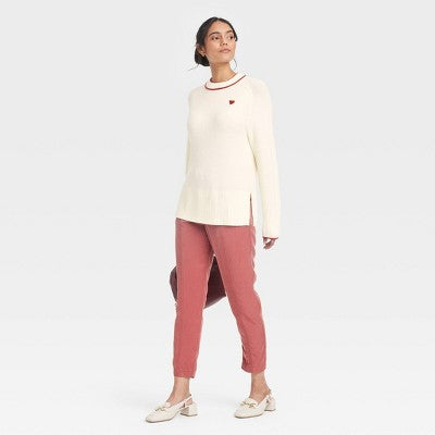 Women's Valentine's Crew Neck Pullover Sweater - A New Day Cream Hearts XL: Midweight, Long Sleeve, Machine Washable