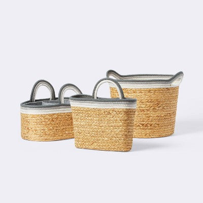 Wall Hanging Natural Woven Basket with Coiled Rope Handle - Gray - Cloud Island