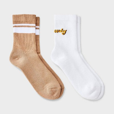 Women's "Howdy" Cowboy Hat Cushioned Ribbed 2pk Mid Crew Socks - White/Brown Heather 4-10