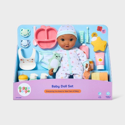 14" Baby Doll Set - Dark Brown Hair + Brown Eyes - Gigglescape: Includes Plush, Pacifier, Play Food, Keychain
