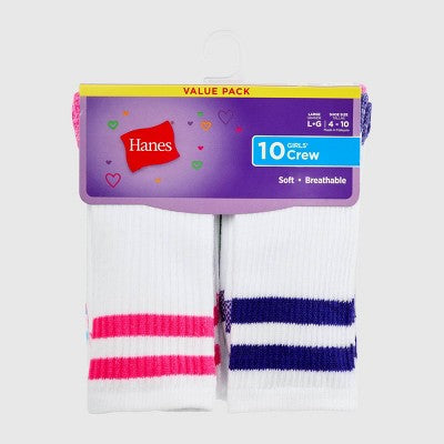 Hanes Girls' 10pk Cool Comfort Crew Socks White S