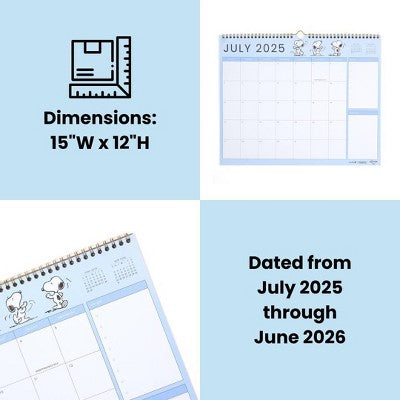 Yoobi 12"x15" Peanuts Monthly Wall Calendar Blue Snoopy Dance, School Supplies