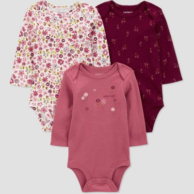 Carter's Just One You Baby Girls' 3pk Long Sleeve Bodysuit - Dark Pink 3M