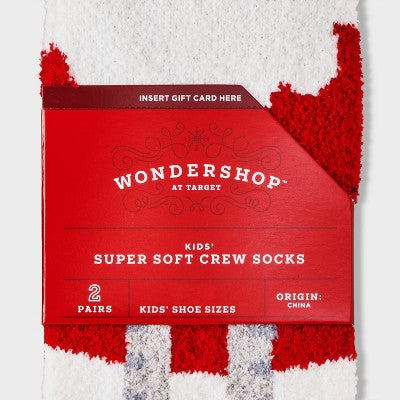 Kids' 2pk Cat Cozy Christmas Crew Socks with Giftcard Holder - Wondershop Dark Green M/L