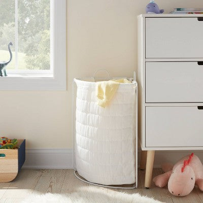 Quilted Collapsible Corner Kids' Hamper White - Pillowfort: Canvas Laundry Basket, 2500 Volume, 2 Handles, Check Pattern (LOCAL PICKUP ONLY)