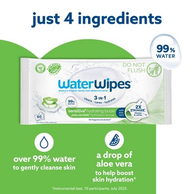 WaterWipes Sensitive+ Hydrating Boost Wipes, 3-In-1 Cleans, 99% Water with Aloe Vera, Unscented & Hypoallergenic Baby Wipes - 240ct