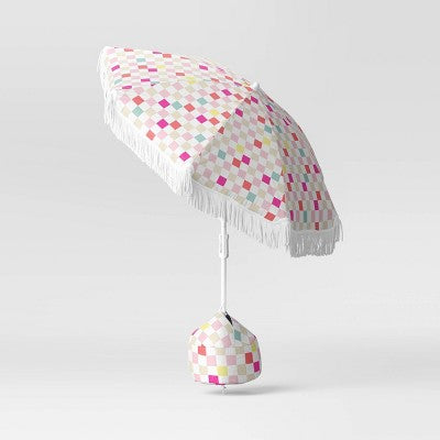 6' Outdoor Patio Beach Umbrella with Fringe Plaid Pattern - Sun Squad (LOCAL PICKUP ONLY)