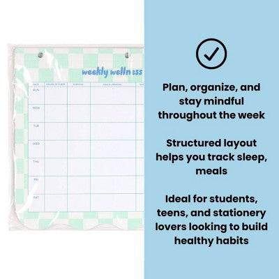 Yoobi Weekly Wellness Tracker Notepad 11"x8.5" Teal and Cream Checker Habit and Self Care Organizer