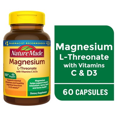Nature Made Magnesium L-Threonate With Vitamin C & D3 Capsules - 60ct: Gluten-Free, No Artificial Flavors Supplement