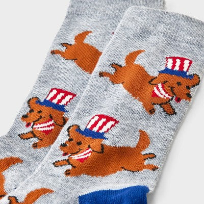 Women's Patriotic Pup Crew Socks - Heather Gray 4-10