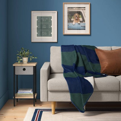 Stripe Printed Chenille Throw Faux Shearling Navy/Green - Room Essentials