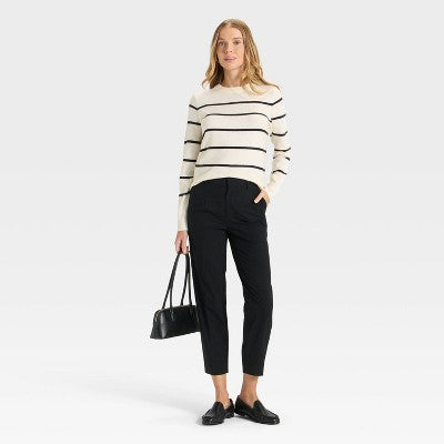 Women's Slim Fit Cozy Knit Pullover Sweater - A New Day Cream/Black Striped L