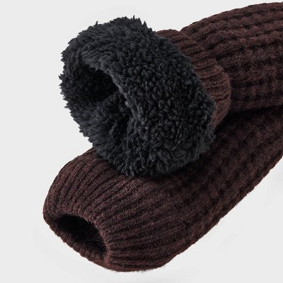 Women's Waffle Sweater Knit Reading Crew Socks with Faux Shearling Lining and Grippers - Auden Brown 4-10
