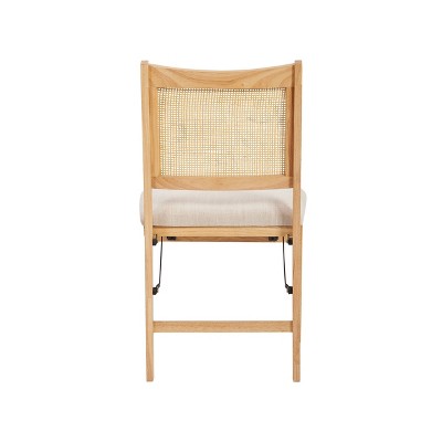 Bayley Rattan Back Fabric Folding Chair Natural - Powell: Linen Upholstered, Rubberwood Frame, No Assembly Required (LOCAL PICKUP ONLY)