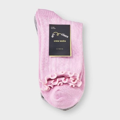 Girls' 2pk Ruffle Trim Pointelle Crew Socks - art class Pink/Gray M