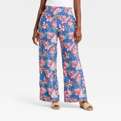 Women's Linen Wide Leg Pull-On Pants - A New Day Blue Floral XL Long