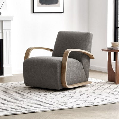 Spruce&Spring Swivel Accent Chair with U-Shaped Wood Arm, Single, Linen&Grey Wood (LOCAL PICKUP ONLY)