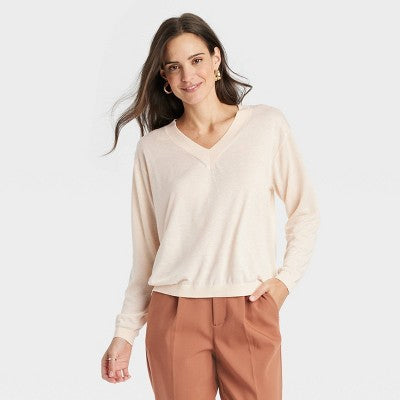 Women's Fine Gauge V-Neck Pullover Sweater - A New Day Cream L