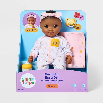 14" Nurturing Baby Doll - Dark Brown Hair + Brown Eyes - Gigglescape: Includes Pacifier, Blanket, Headband, Bottle