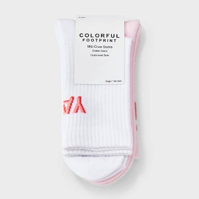 Women's "YAY!" Cushioned Ribbed 2pk Mid Crew Socks - White/Pink 4-10
