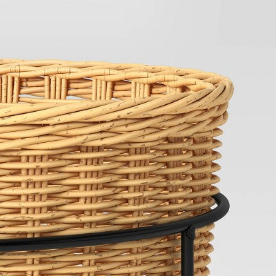 Small Wicker/Metal Indoor Outdoor Plant Stand Black/Cream 12.12"x12.12"x10.63" - Threshold designed with Studio McGee