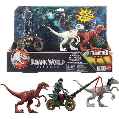 Jurassic World Reimagined Motorcycle, Owen Grady & Raptors & Tools Retro Pack
