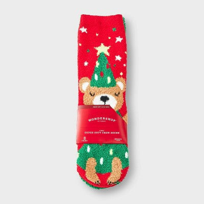 Kids' 2pk Christmas Tree Teddy Bear Cozy Crew Socks with Gift Card Holder - Wondershop Red XS/S