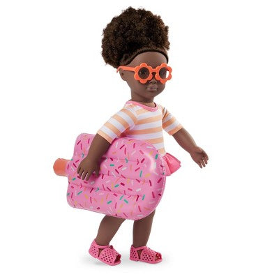 Our Generation Nadya 18" Doll with Swimsuit and Pink Pool Float Accessory: Fashion Doll, Curly Dark Brown Hair
