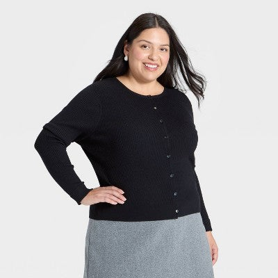 Women's Ribbed Cuff Cardigan Sweater - A New Day Black 2X