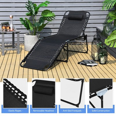 Costway Folding Lounge Chaise 16'' High Recline Chair W/Adjustable Backrest and Footrest Black (LOCAL PICKUP ONLY)