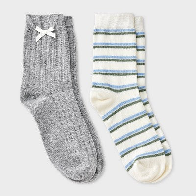 Women's Pointelle with Bow & Striped 2pk Mid Crew Socks - Wild Fable Heather Gray/Ivory/Green 4-10