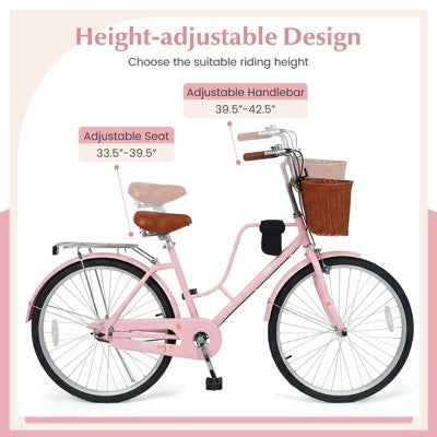 Gymax 26-Inch Beach Cruiser Bike w/Adjustable Seat Woven Basket & Rear Rack for City (LOCAL PICKUP ONLY)