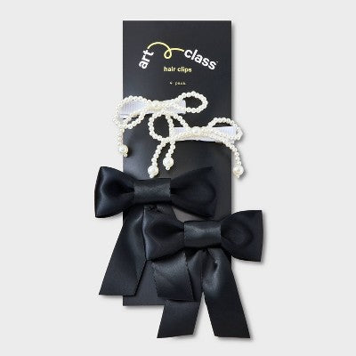 Girls' 4pk Satin and Pearls Ribbon Bow Clip Set - art class