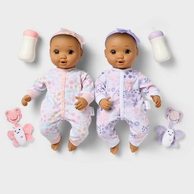 14" Girl Twin Baby Dolls - Brown Hair/Eyes - Gigglescape: Includes Pacifier, Bottle & Plush Outfits
