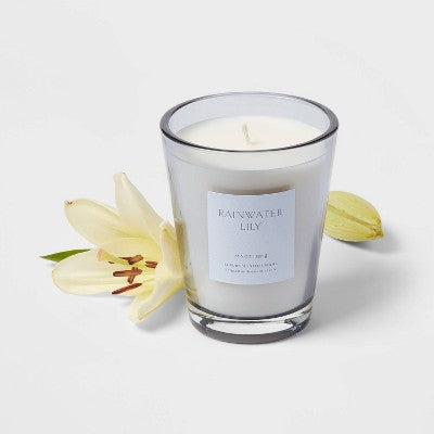 12.6oz Rainwater Lily & Peach Scented Candle with Glass Vase & Dustcover - Threshold: Palm Wax, 52hr Burn Time
