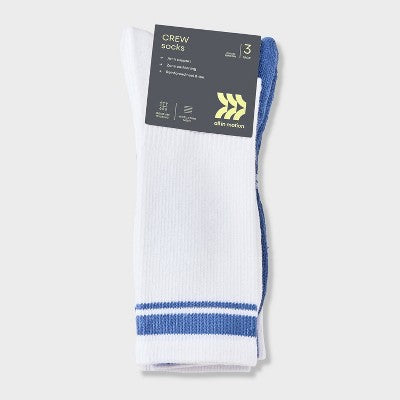 Men's Striped Tonal Varsity 3pk Crew Socks - All In Motion Mudstone Blue 6-12
